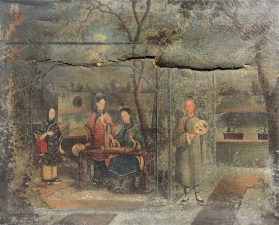 19th century Chinese School Courtiers playing a board game in a garden, 20 x 24.5in., canvas torn